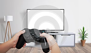 Boy play console game on isolated TV screen, for mockup, game presentation