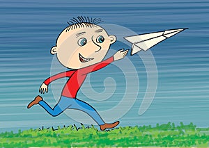 Boy play with origami paper plain in nature. Cartoon.