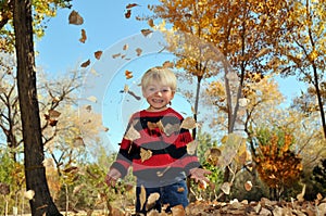 Boy playing with Autumn leaves