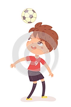 Boy playing with ball above head at football practice. Happy little kid playing sport in uniform vector illustration