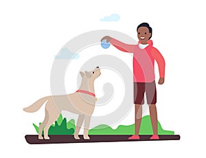 Boy playing ball with dog in nature. Happy man walking pet outdoor. Playful domestic animal. Owner throwing toy for