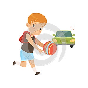 Boy playing ball in front of moving car, kid in dangerous situation vector Illustration on a white background