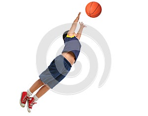 Boy playing basketball isolated. Flying and jumping