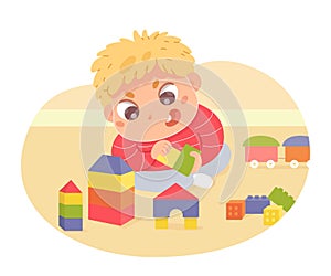Boy playing with building blocks at home. Little child with game details indoor vector illustration. Hapy kid playtime