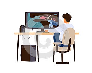 Boy playing computer game at home. Child player sitting at desk and enjoy gaming online. Teenager hobby and leisure