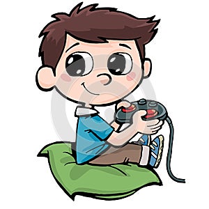 Boy playing computer games and holding a joystick