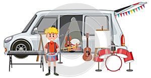 Boy playing drum in front of van