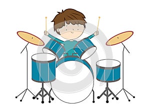 Boy playing drums isolated on white background