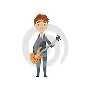 Boy Playing Electric Guitar, Talented Young Musician Character Playing String Musical Instrument Vector Illustration