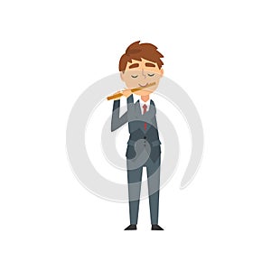 Boy Playing Flute, Talented Young Flutist Character Playing Musical Instrument at Concert of Classical Music Vector