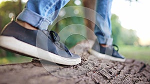 the boy is playing in the forest park. close-up child's legs walking on a log of a fallen tree. happy family