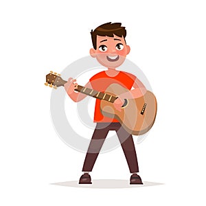 Boy is playing the guitar. Musical performance. Vector illustration in cartoon style