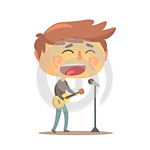 Boy playing guitar and siging, young musician cartoon vector Illustration