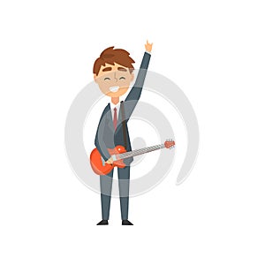 Boy Playing Guitar, Smiling Young Guitarist Character Playing Musical Instrument Vector Illustration