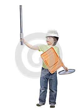 Boy playing knight using cookware