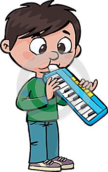 Boy playing musical instrument melodica blow organ