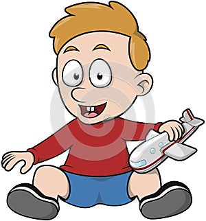 Boy Playing Plane Toy Cartoon Color Illustration