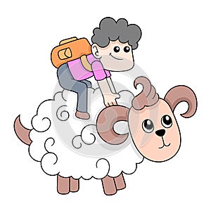 Boy is playing riding a shepherd bushy sheep, doodle icon image kawaii