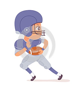 Boy playing rugby with ball. Happy kid doing healthy exercise vector illustration. Cute child player in uniform and