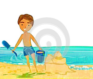 Boy playing sand at tropical beach