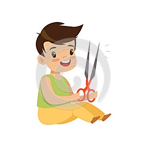 Boy playing with scissors, kid in dangerous situation vector Illustration on a white background