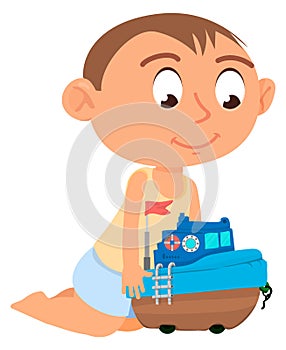 Boy playing with ship toy. Happy child character