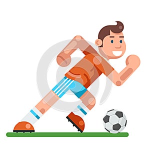 Boy playing soccer child activity football running player cartoon character flat design vector illustration