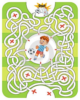 Boy is playing soccer on soccer field. Children logic game to pass the maze