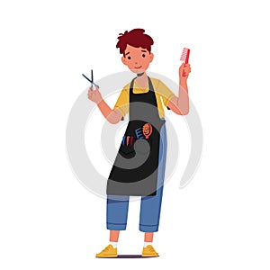 Boy Playing in Stylist, Kid Character Wear Apron with Comb and Scissors in Hands. , What I Want to Be When Grow Up