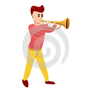 Boy playing trumpet icon, cartoon style