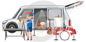 Boy playing trumpet by the van