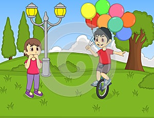 A boy playing unicycle and holding baloon in front of a girl at the park cartoon