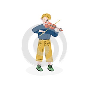 Boy Playing Violin, Talented Little Musician Character, Hobby, Education, Creative Child Development Vector Illustration