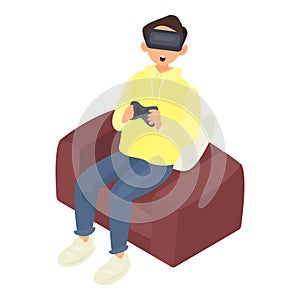 Boy playing vr game illustration in color cartoon style. Editable vector graphic design.