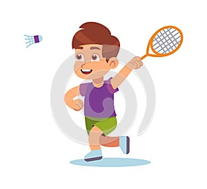 Boy plays badminton. Happy preschool athlete with racket and shuttlecock on court, little kid playing outdoors, leisure