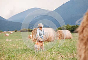 Boy plays with dog on the field with hayroll