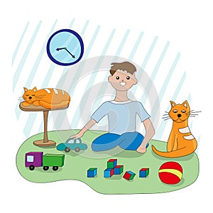 The boy plays at home with toys and cars, next to his favorite pets - striped cats. Household chores and rest time