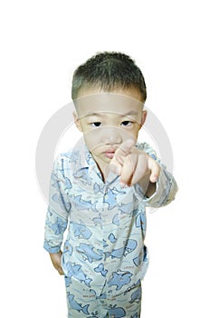 Boy pointing at camera choosing you,child pointing finger at you, isolated on white background