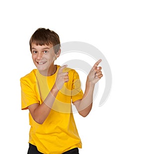 Boy pointing to copyspace