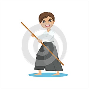 Boy With The Pole In Wide Trousers On Karate Martial Art Sports Training Cute Smiling Cartoon Character