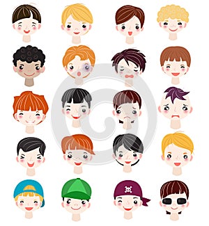 Boy portrait vector kids character face of guy with male hairstyle and cartoon manlike person with various skin tone photo