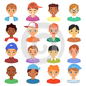Boy portrait vector male kids character face of guy with hairstyle and cartoon manlike person with various skin tone