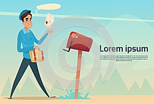 Boy Postman Putting Letter Envelope In Mail Box Post Service