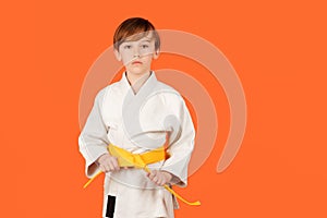 Boy practicing karate on color background, copy space. Kid sport concept. Healthy sporty childhood and lifestyle