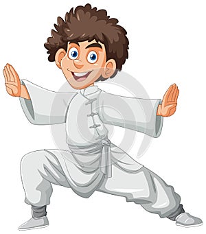 A boy practicing martial arts stance