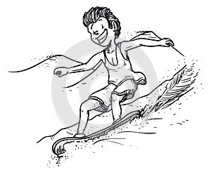 Boy Practicing Sandboarding in some Sand Dunes, Vector Illustration