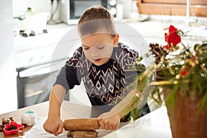 A boy prepares gingerbread cookies in the kitchen. Christmas family traditions. Leisure of the child during the New