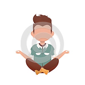 A boy of preschool age is engaged in the lotus position. Isolated. Cartoon style.