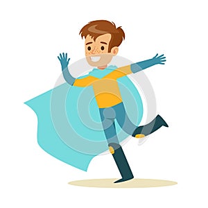 Boy Pretending To Have Super Powers Dressed In Superhero Costume With Blue Cape Running Smiling Character