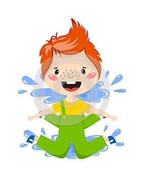 Boy in puddle vector illustration.